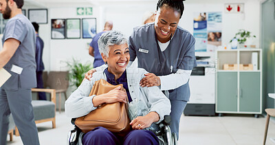 Buy stock photo Excited, doctor and patient in wheelchair for recovery, healing or surgery success in hospital. Happy people, senior woman or nurse in lobby for discharge, cancer free or rehabilitation in healthcare