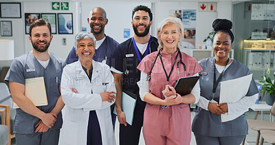 Buy stock photo Healthcare, smile and group with documents, clinic and diversity of staff, portrait and collaboration. Teamwork, professional and people with joy, women and men with interns, hospital and together