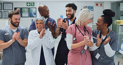 Buy stock photo Clapping, smile and doctors in hospital, celebration and breakthrough for healthcare and accomplishment. Communication, people and applause for success, achievement and medical professional in clinic