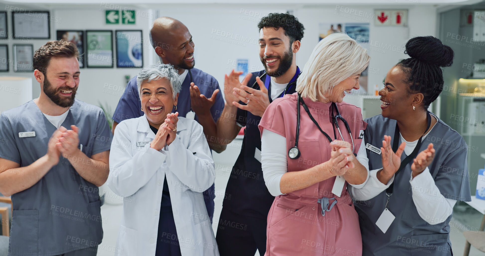 Buy stock photo Clapping, smile and doctors in hospital, celebration and breakthrough for healthcare and accomplishment. Communication, people and applause for success, achievement and medical professional in clinic