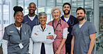 Portrait, diversity and doctors in hospital, teamwork and confidence with happiness. Employees, medical and professional in clinic, career ambition and smile with uniform, healthcare and cooperation