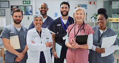 Buy stock photo Healthcare, smile and group with documents, hospital and diversity of staff, portrait and collaboration. Teamwork, professional and people with joy, women and men with interns, clinic and together