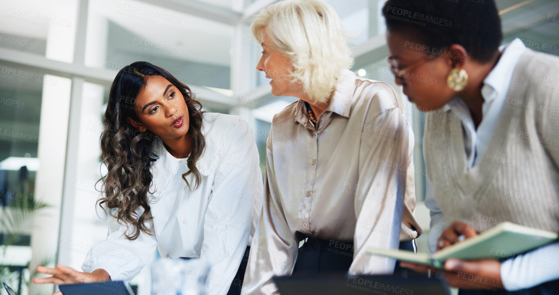 Buy stock photo Discussion, journalism or women in meeting with diary, teamwork or journalist for agenda in office. Business people, writers or magazine editor with deadline for article schedule or research notes