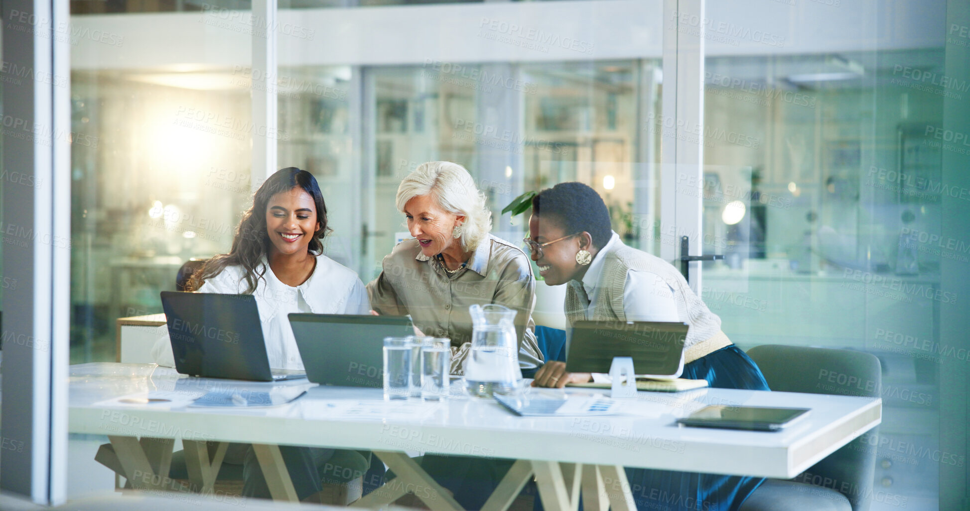 Buy stock photo Business, journalism or women in meeting with laptop, teamwork or journalist for agenda in office. People, writers or magazine editor with deadline for article, schedule or research on technology