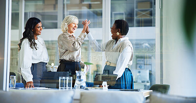 Buy stock photo Business women, high five and winning with teamwork for meeting, collaboration or success at office. Female people, group or employees with smile for achievement, promotion or good job at workplace