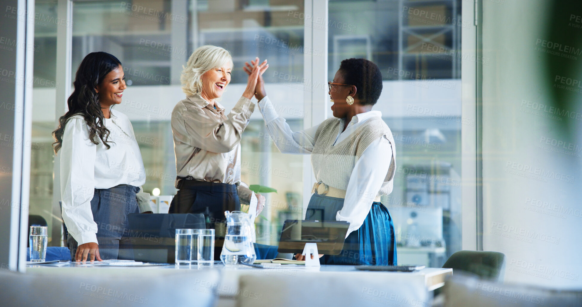 Buy stock photo Business women, high five and winning with teamwork for meeting, collaboration or success at office. Female people, group or employees with smile for achievement, promotion or good job at workplace