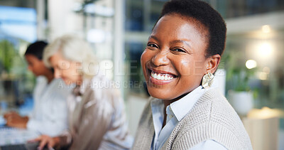 Buy stock photo Portrait, business and woman in meeting, smile and happiness with teamwork, startup and journalist. Person, copywriting and magazine editor with deadline for article, schedule or positive mindset