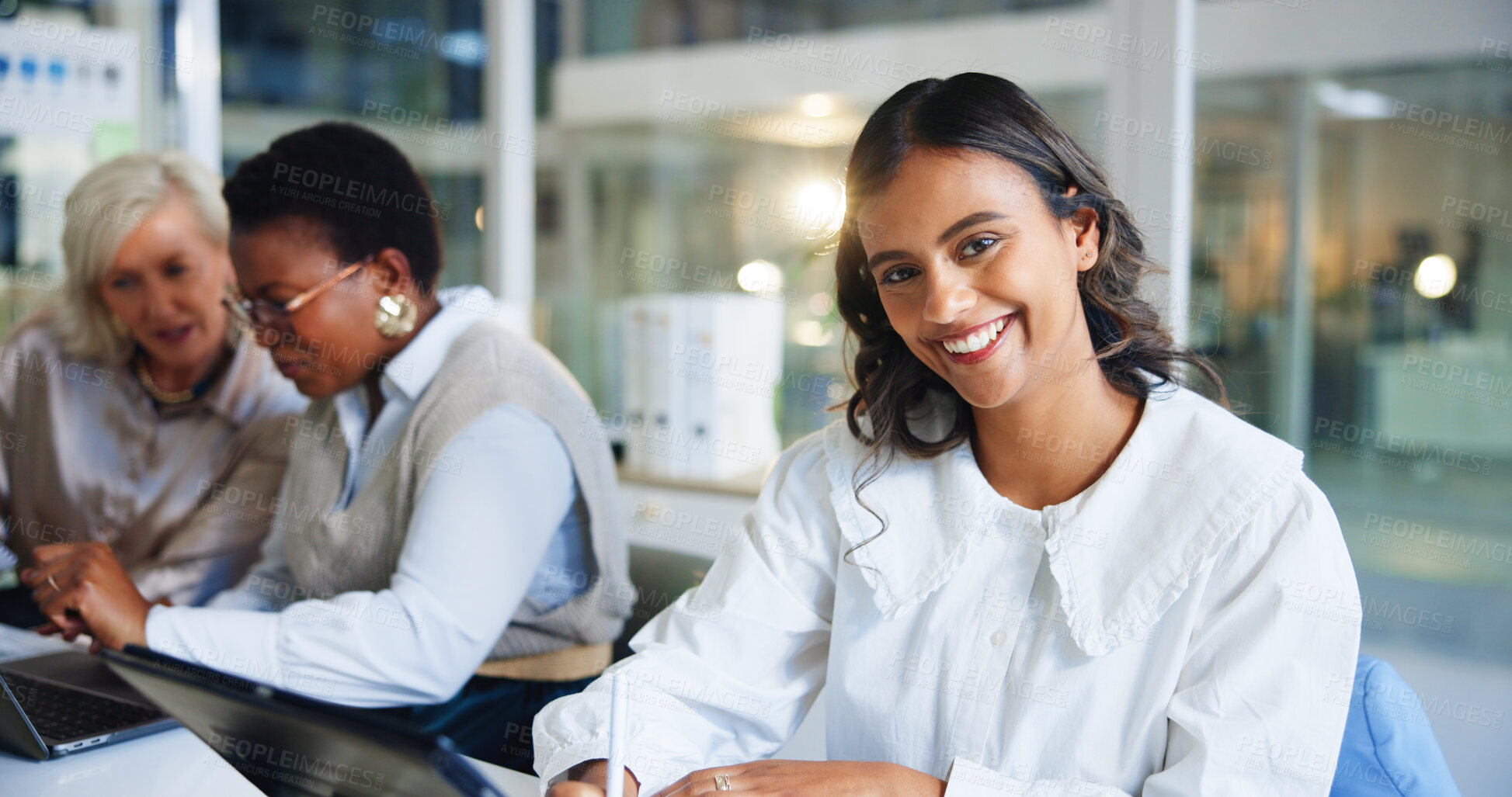 Buy stock photo Portrait, business and women in meeting, smile and happiness with teamwork, app and journalist. Person, copywriting and magazine editor with research for article, schedule or technology in office