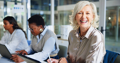 Buy stock photo Portrait, business and woman in office, smile and happiness with teamwork, funny and journalist. Mature person, copywriting and magazine editor with deadline for article, schedule or positive mindset