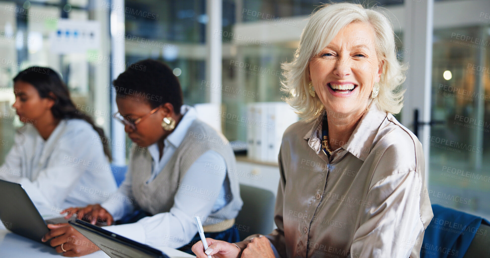 Buy stock photo Portrait, business and woman in office, smile and happiness with teamwork, funny and journalist. Mature person, copywriting and magazine editor with deadline for article, schedule or positive mindset