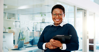 Buy stock photo Woman, business and tablet in portrait with glasses, career development and administration in office. HR manager, smile or tech in company for schedule, employee information or professional assistant