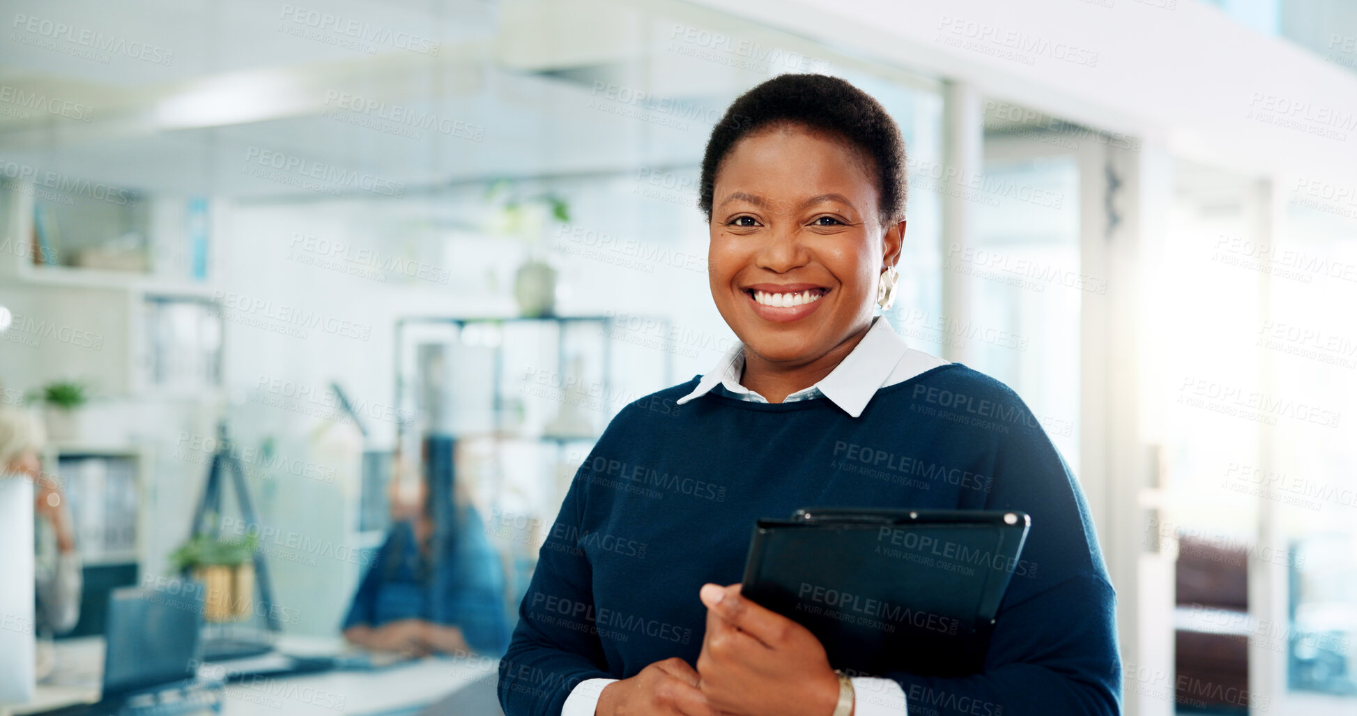 Buy stock photo Happy woman, portrait and tablet in office for business, career development and administration. HR manager, smile and tech in company for schedule, employee information and professional assistant