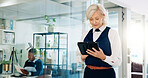 Mature woman, tablet and office with corporate, online and legal case on digital job. Technology, app and professional with labour law email, website and attorney archive for research at company