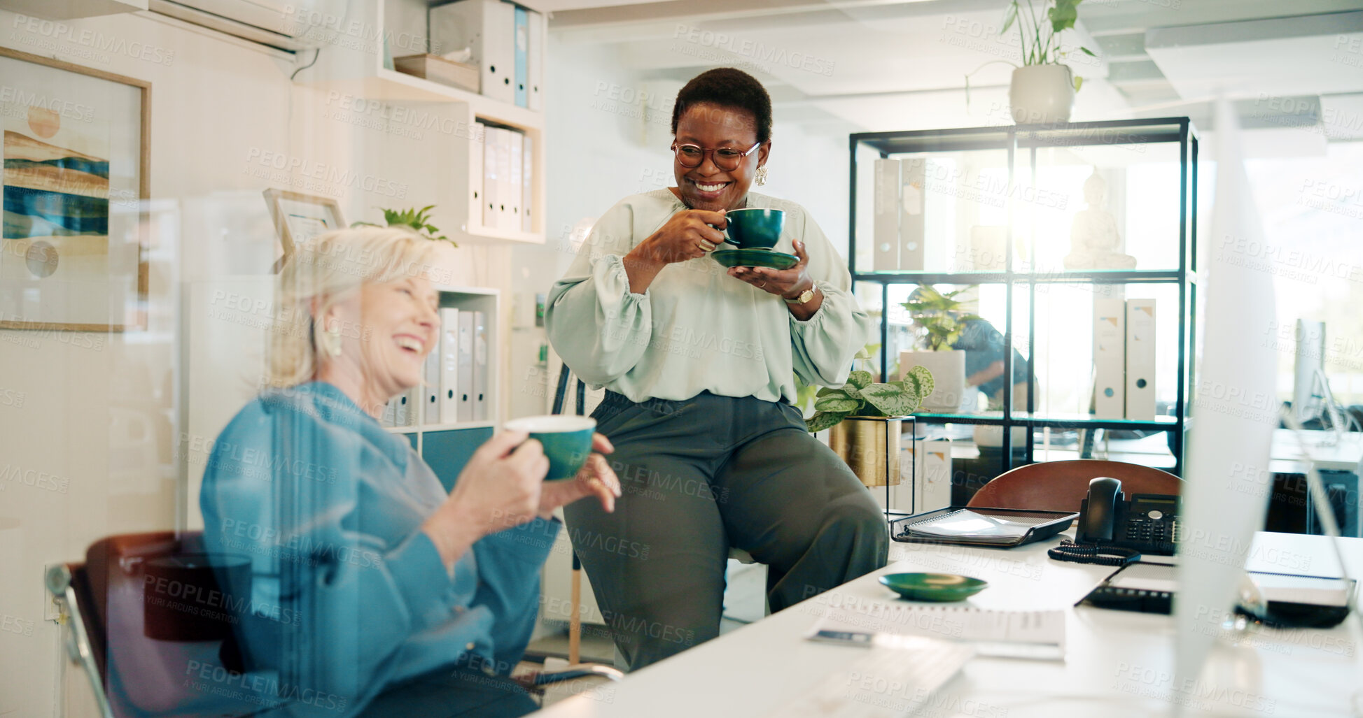 Buy stock photo Coffee, office and staff with break from collaboration, teamwork and public relations job. Drink, management and laugh in the morning with happy, smile and success of professional group with tech