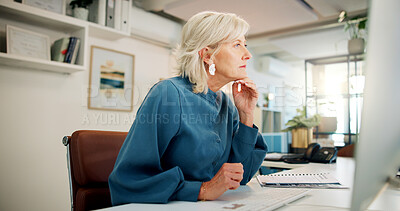 Buy stock photo Thinking, computer and mature woman with business research and reading digital proposal. Book publisher, boss idea and planning with tech, website and opportunity search for ebook writer at agency