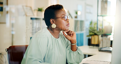 Buy stock photo Black woman, office and computer with working and blog post for digital journalist at creative agency. Thinking, employee and desk with tech, writer and company website update with research of staff