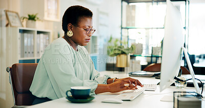 Buy stock photo Black woman, office and computer with typing and blog post for digital journalist at creative agency. Working, employee and desk with tech, planning and company website update with research of staff