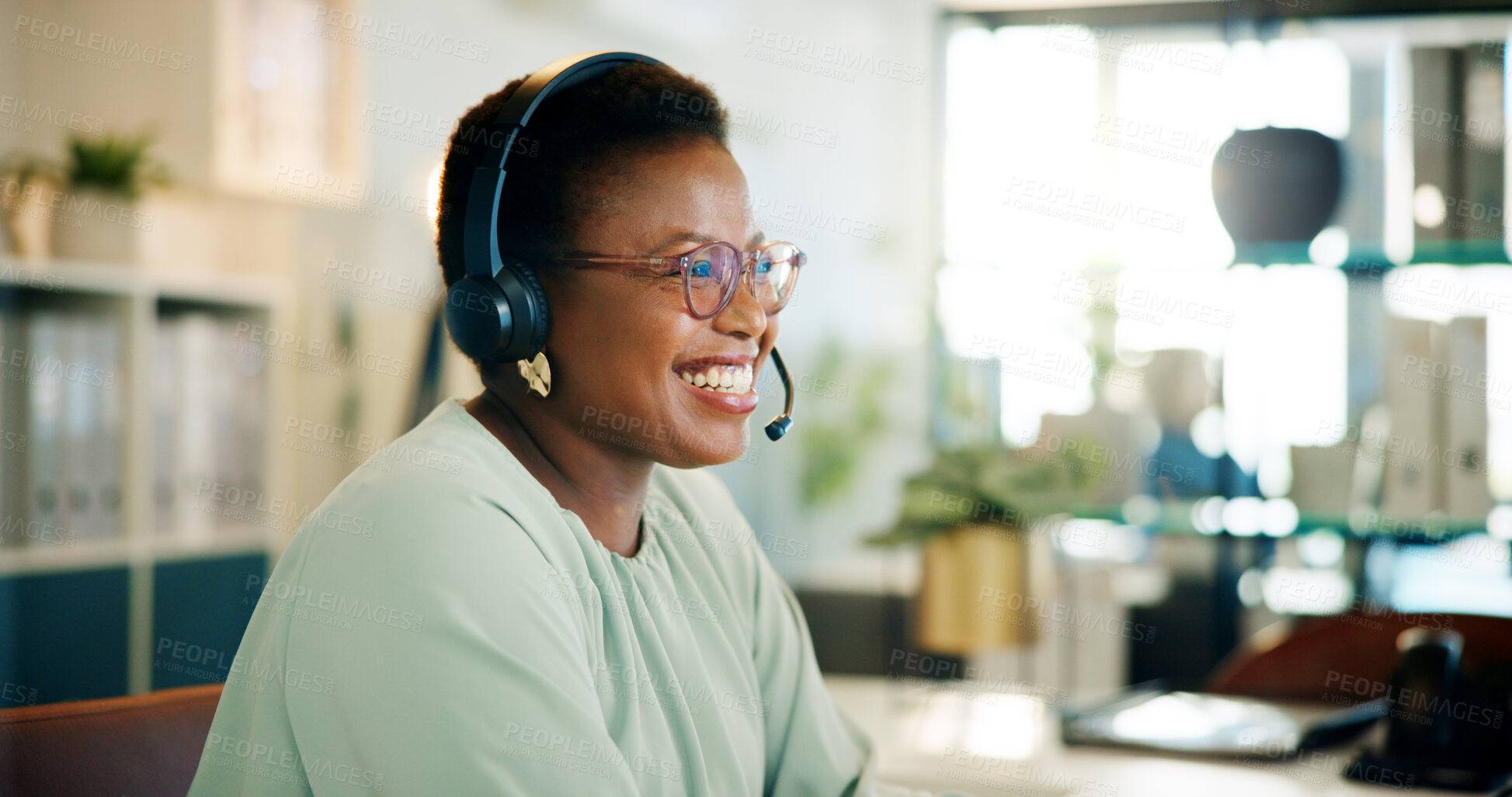 Buy stock photo Laughing, agent or black woman in call center for consulting, questions or loan advice. Smile, sales advisor or happy African virtual assistant talking for telemarketing or communication in Nigeria