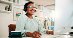 Outsourcing, agent or black woman on computer in call center for consulting, solution or loan advice. Happy, advisor or African virtual assistant talking for telemarketing info or sales communication