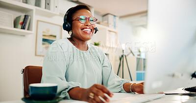 Buy stock photo Outsourcing, agent or black woman on computer in call center for consulting, solution or loan advice. Happy, advisor or African virtual assistant talking for telemarketing info or sales communication