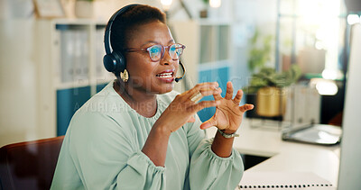 Buy stock photo Explain, agent or black woman on computer in call center for consulting, questions or loan advice. Solution, advisor or African virtual assistant talking for telemarketing info or sales communication