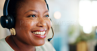 Buy stock photo Telecom, agent or black woman with smile in call center for consulting, solution or loan advice. Headset, face or happy African virtual assistant talking for telemarketing info or sales communication