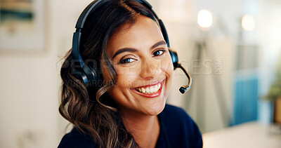 Buy stock photo Portrait, telecom agent or happy woman in call center for consulting, solution or loan service. Help, face or Indian virtual assistant with smile for outsourcing telemarketing sales or online advice