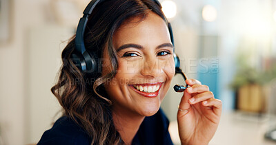 Buy stock photo Telecom, agent or portrait of happy woman in call center for consulting, solution or loan help. Headset, face or Indian virtual assistant talking for telemarketing sales or online advice in India