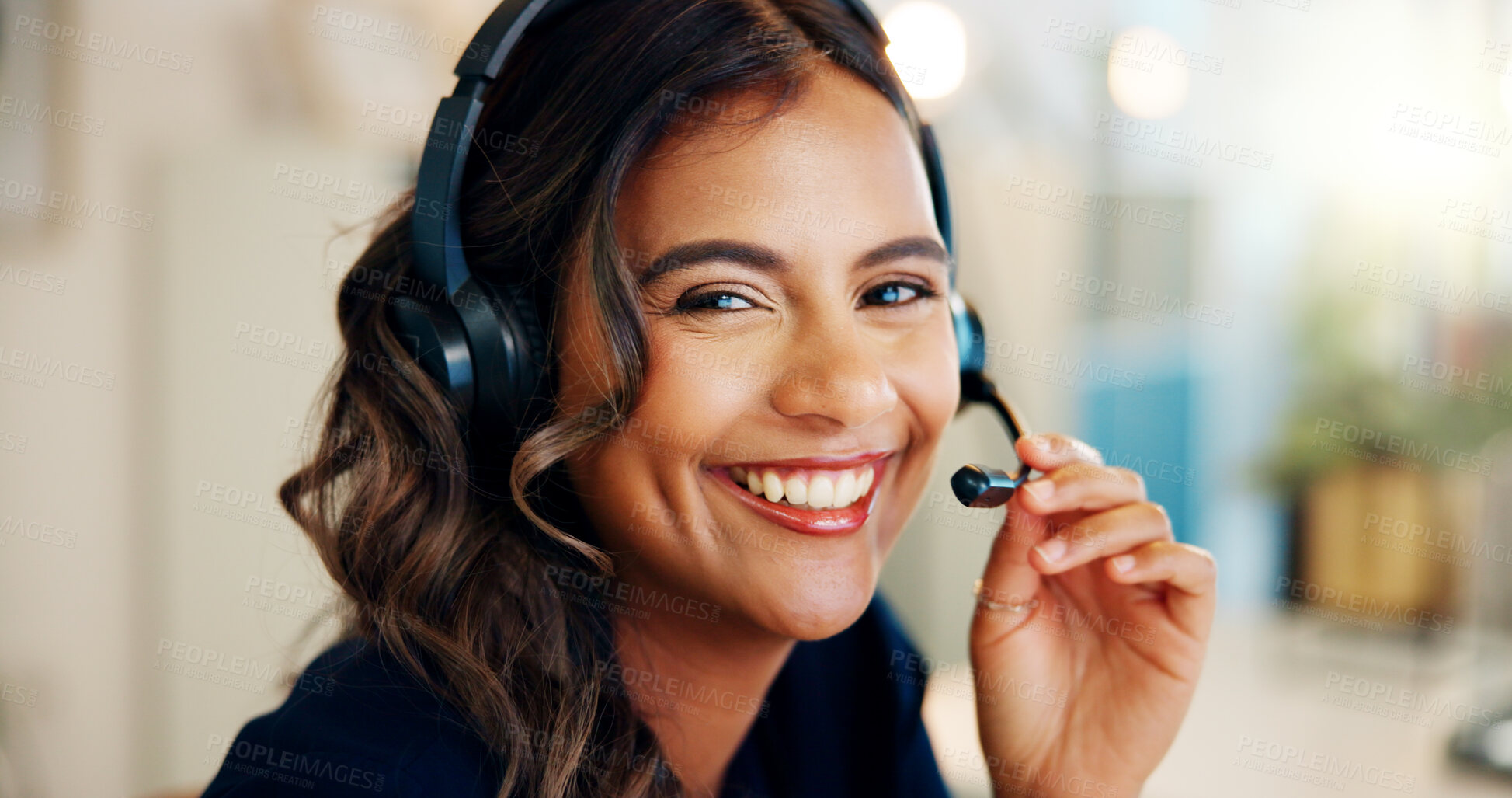 Buy stock photo Telecom, agent or portrait of happy woman in call center for consulting, solution or loan help. Headset, face or Indian virtual assistant talking for telemarketing sales or online advice in India