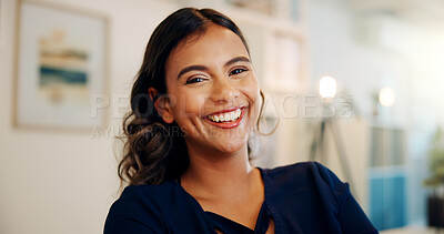 Buy stock photo Happy, confident and portrait of woman in office for startup business with creative career. Smile, professional and female graphic designer from Mexico with positive attitude and pride in workplace.