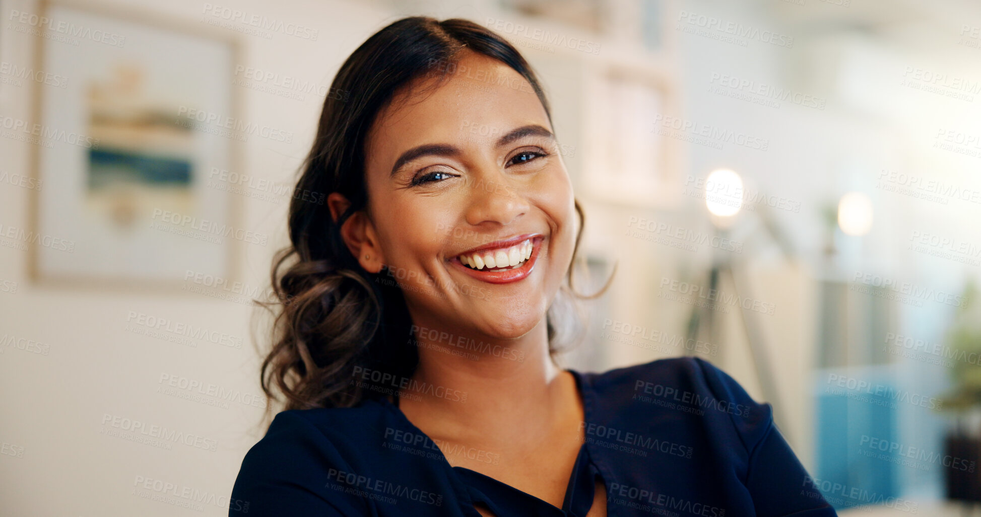 Buy stock photo Happy, confident and portrait of woman in office for startup business with creative career. Smile, professional and female graphic designer from Mexico with positive attitude and pride in workplace.