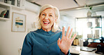 Video call, woman and office with portrait, wave and digital conference for company planning. Internet, webinar and workshop greeting of mature professional and speaker at virtual work meeting