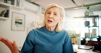 Buy stock photo Video call, woman and office with portrait, communication and digital conference for company planning. Internet, webinar and discussion of mature professional and speaker at virtual work meeting