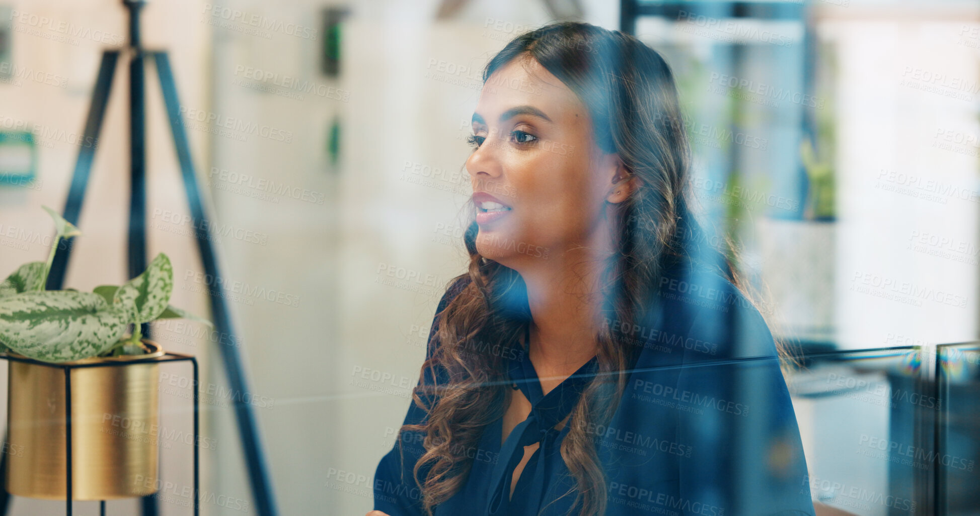 Buy stock photo Business woman, talking and meeting by office window with planning, communication and seminar. Conference, presentation and training session with discussion, proposal and staff in worker boardroom