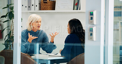 Buy stock photo Serious, HR and meeting with employee, talking and discussion for poor performance and journalist. Error, women and explaining to worker, conversation and policy violations of company or disciplinary