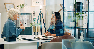 Buy stock photo Discussion, business or women in meeting with legal advisor for court case, documents or research. People, glass window or lawyer with attorney, paperwork or portfolio at law firm for feedback review