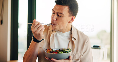 Buy stock photo Nutrition, eating and man with salad in kitchen in home for organic vegetable bowl. Vegan, health and male person enjoying fresh produce for snack or lunch on diet, vitamins or wellness in house.