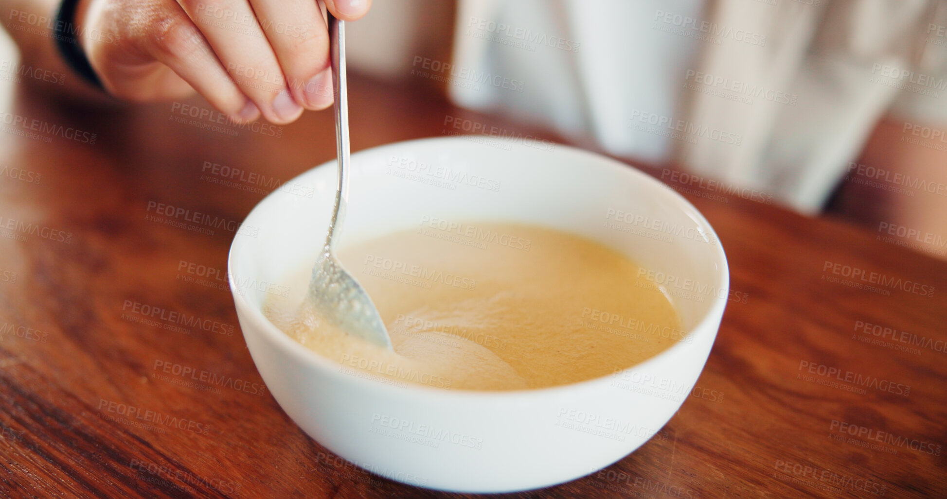 Buy stock photo Hands, person and oats on kitchen counter for weight loss, wellness and nutrition for breakfast. Closeup, bowl and health food with protein, vegan and detox mixture of cereal and porridge in home