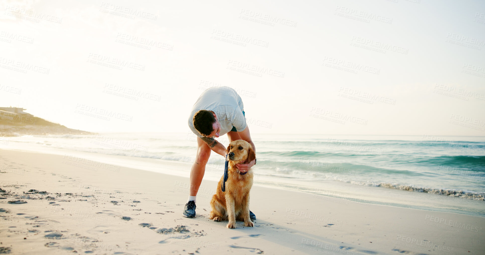 Buy stock photo Travel, man or affection to dog at beach for loyalty, companion or holiday adventure with playing. Vacation, person or pet animal at seaside for bonding, relax together or fresh air with mockup space