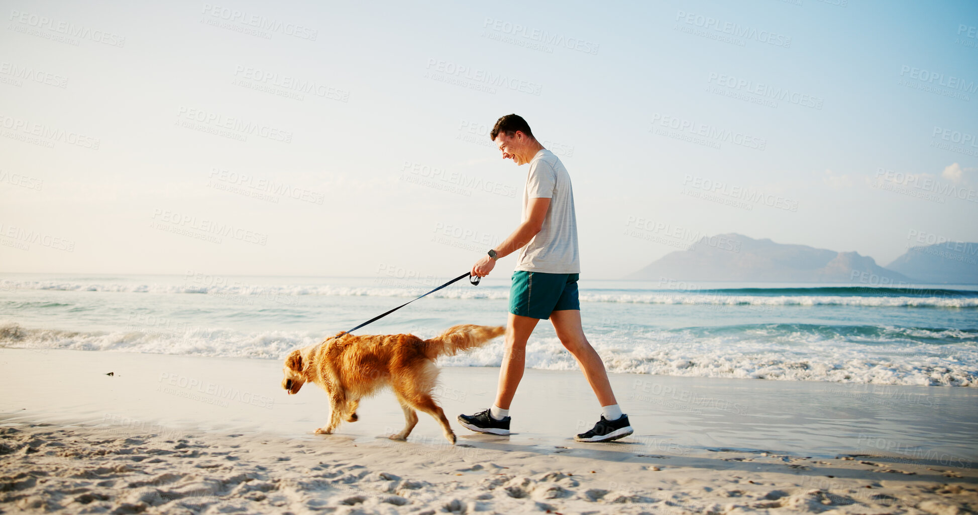 Buy stock photo Workout, man and walking with dog at beach for fun adventure, wellness training and bonding with companion. Mockup, owner and pet on leash by ocean for cardio exercise, fresh air and exploring nature