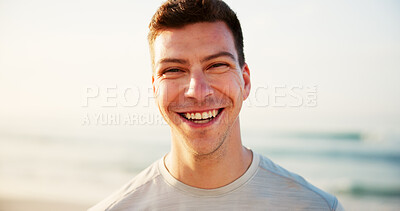 Buy stock photo Man, portrait and beach sand for vacation, travel and outdoor for peaceful waves in nature. Male person, happy and weekend trip for calm adventure on tropical island, relax and earth for freedom