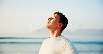 Buy stock photo Man, breathing and beach for vacation, travel and outdoor for peaceful waves in nature. Male person, mental health and weekend trip for calm adventure on tropical island, zen and earth for freedom