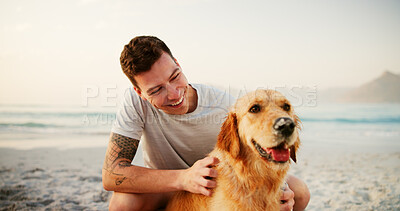 Buy stock photo Relax, man and happy with dog at beach for loyalty, companion or travel adventure with affection. Vacation, person and pet animal in water for bonding, playing together or fresh air on summer holiday