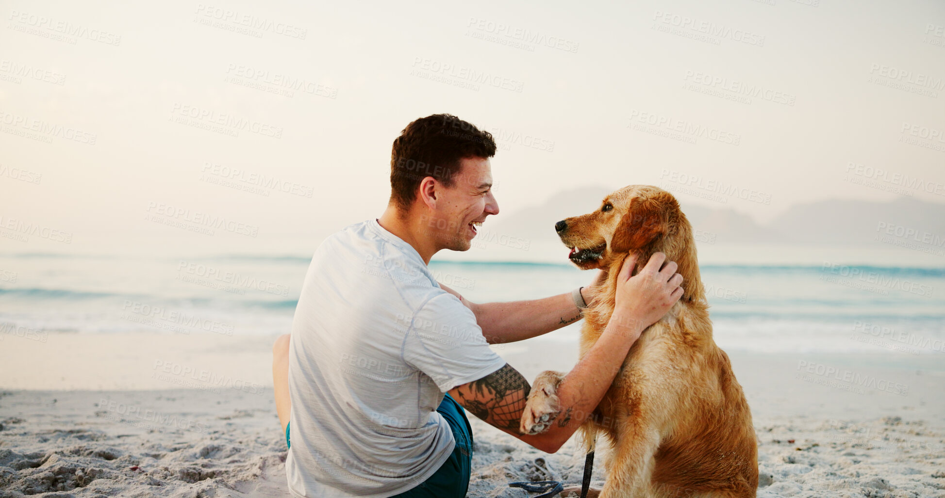 Buy stock photo Relax, man and affection to dog at beach for loyalty, companion or travel adventure with smile. Vacation, person and pet animal at seaside for bonding, playing together or fresh air with mockup space