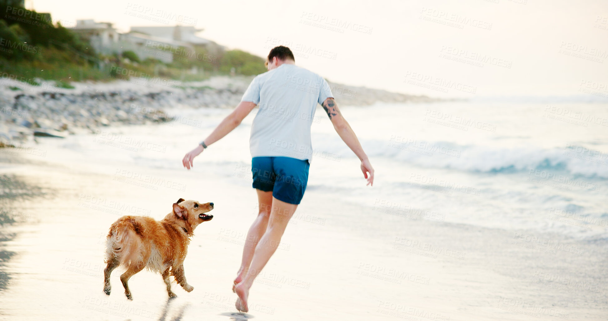 Buy stock photo Playing, man and running with dog on beach for fun activity, wellness exercise and bonding with companion. Travel, back and person with pet animal by ocean for holiday adventure, vacation and energy