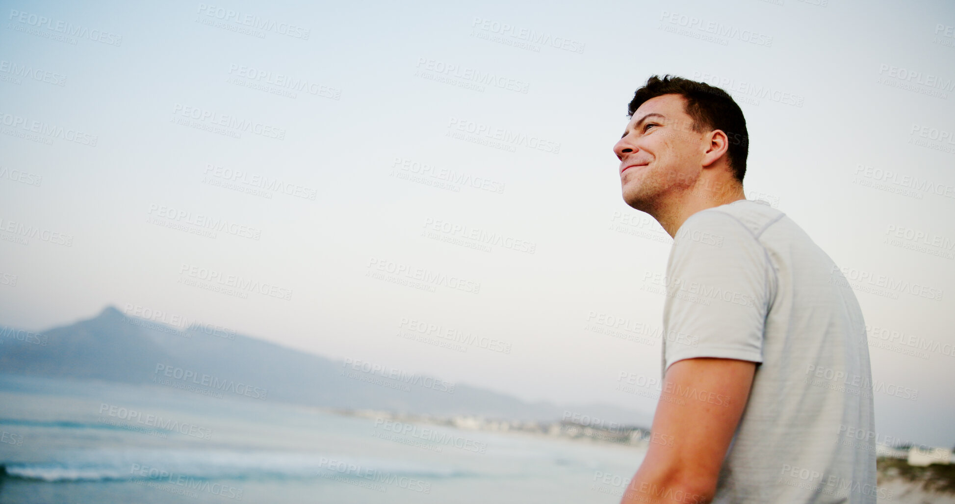 Buy stock photo Man, thinking and beach sand for vacation, travel and outdoor for peaceful waves in nature. Male person, dream and weekend for calm adventure on tropical island, contemplating and earth for freedom