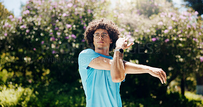 Buy stock photo Nature, fitness and man stretching arms in park for workout with health, wellness and body training. Sport, outdoor and male athlete with warm up exercise for running with cardio activity in field.