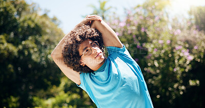 Buy stock photo Stretching, fitness and man in nature for workout with health, wellness and body training. Sport, outdoor and male athlete with warm up exercise for running with cardio activity in park for challenge