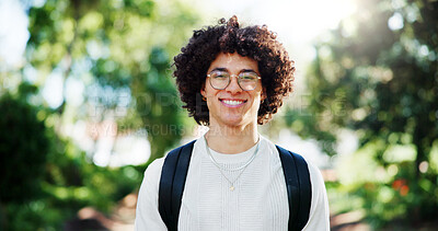 Buy stock photo Man, student and smile for portrait at park, pride and excited on commute to university in spring. Person, happy and backpack on path for scholarship, learning or education at college in Costa Rica