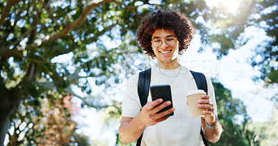 Buy stock photo Man, outdoor and coffee with phone and student on social media and networking app with backpack on college campus. Mobile, smile and happy from technology, city and urban street with morning commute